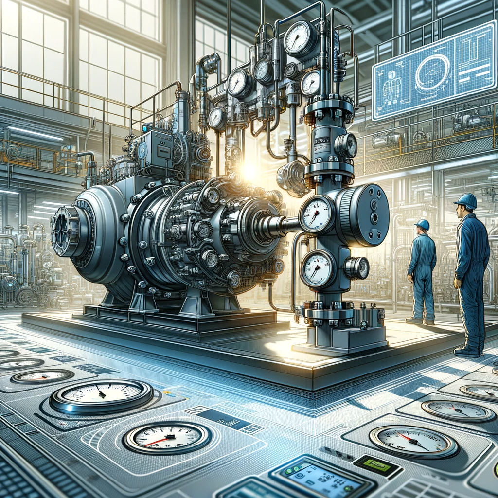 Homa TP Series Pump in operation in a modern industrial setting, surrounded by gauges and meters, with workers in safety gear.