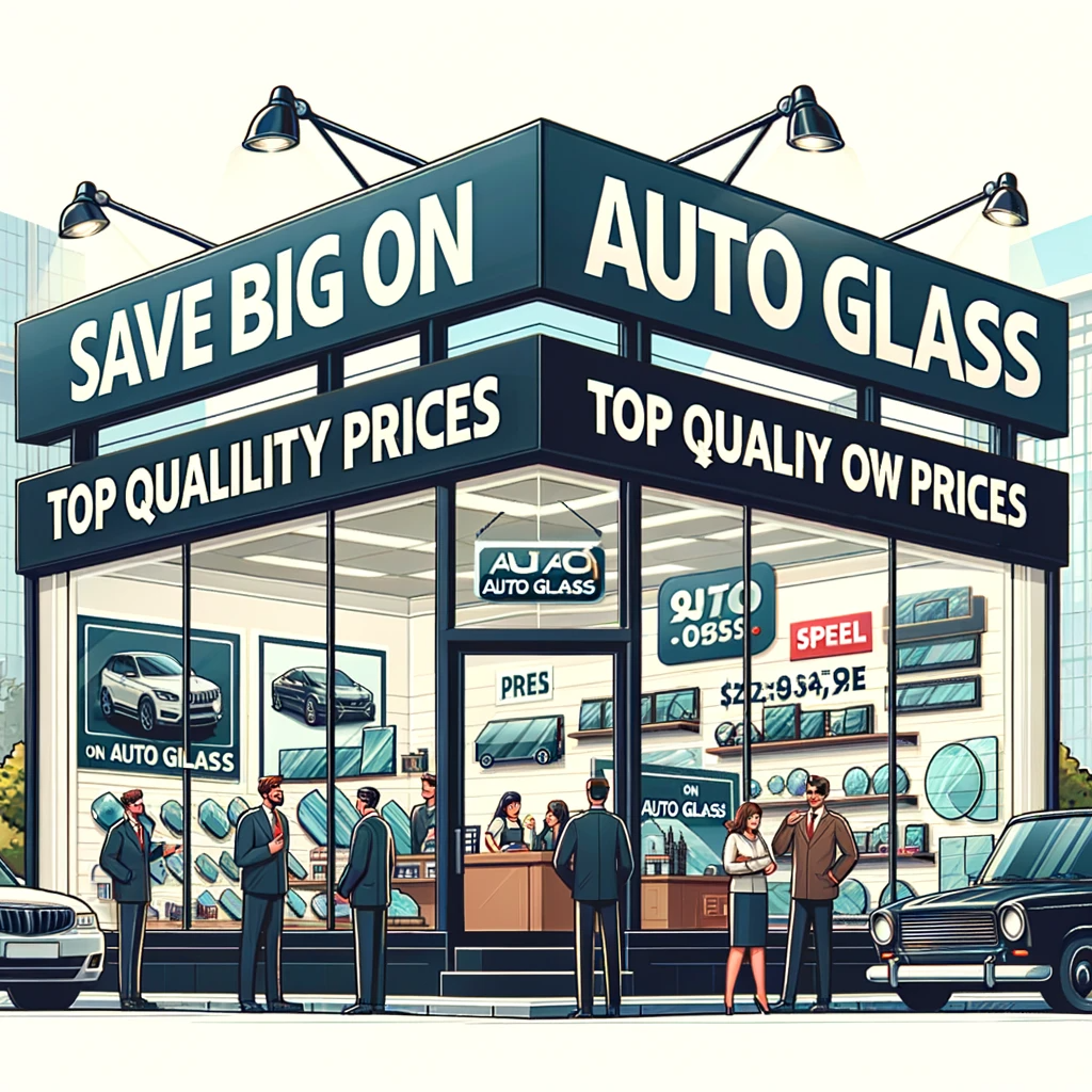 Auto glass store in Hammond with a banner 'Save Big On Auto Glass: Top Quality At Low Prices' and customers."