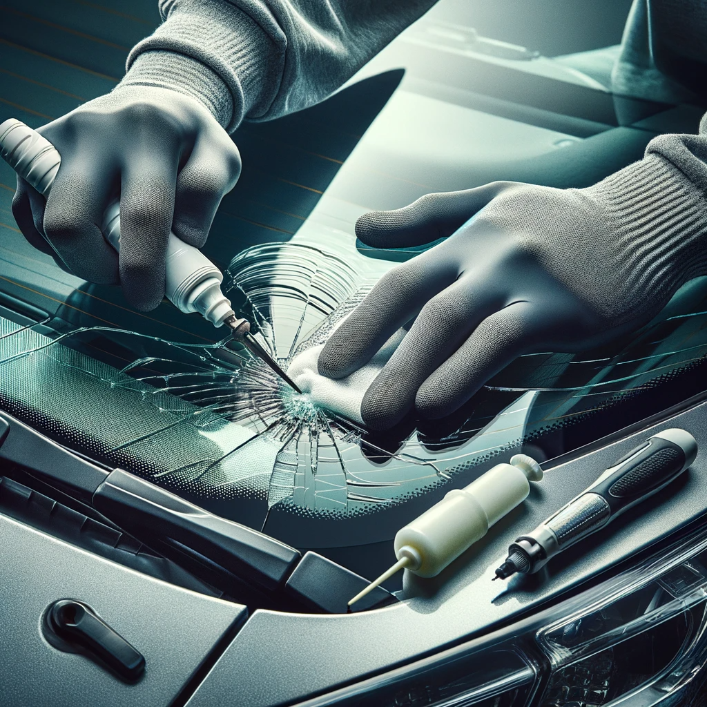 Close-up of a mechanic's hands applying resin to a chip on a silver hatchback's windshield, showcasing the detailed work of auto glass repair.
