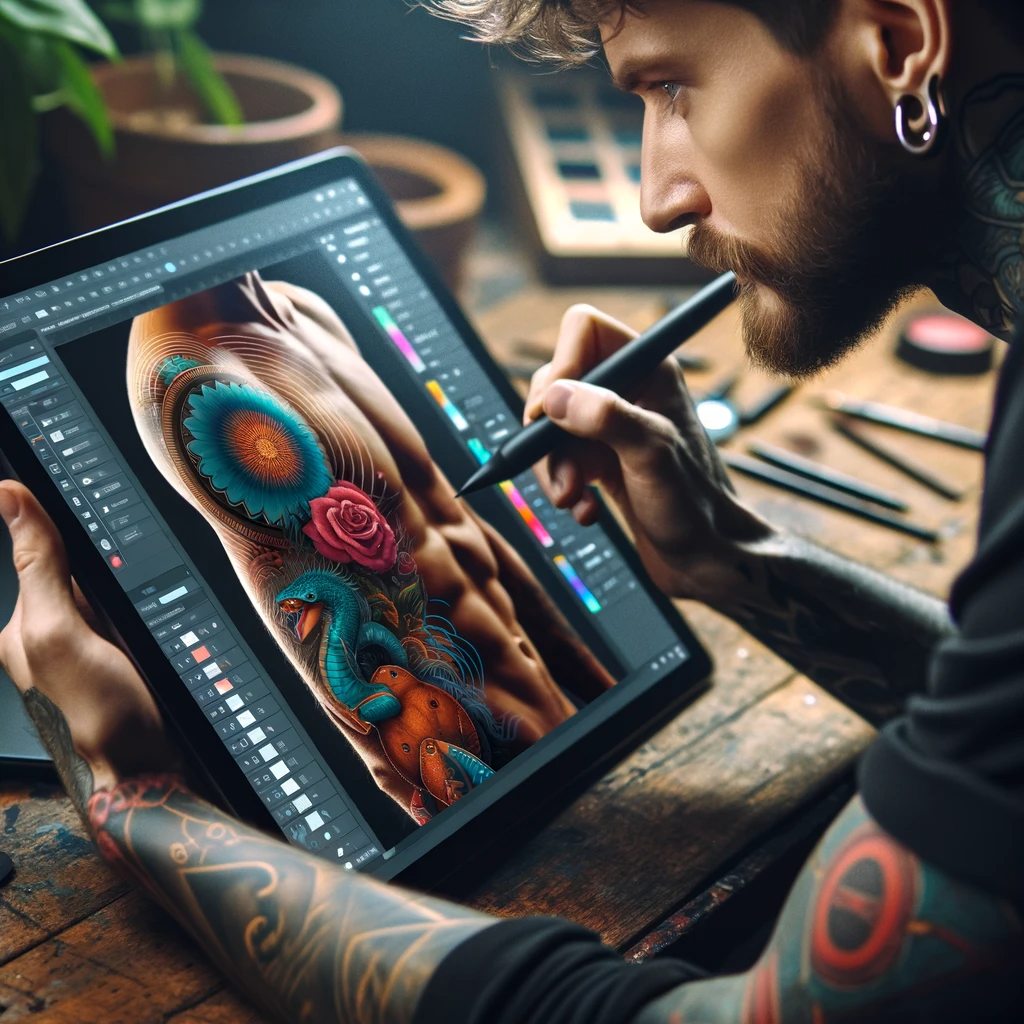 A tattoo artist focused on designing a tattoo sleeve using a digital tablet, showcasing the design process.