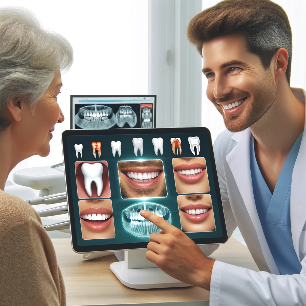 A patient consulting with a cosmetic dentist in San Diego, reviewing dental treatment options on a digital screen.