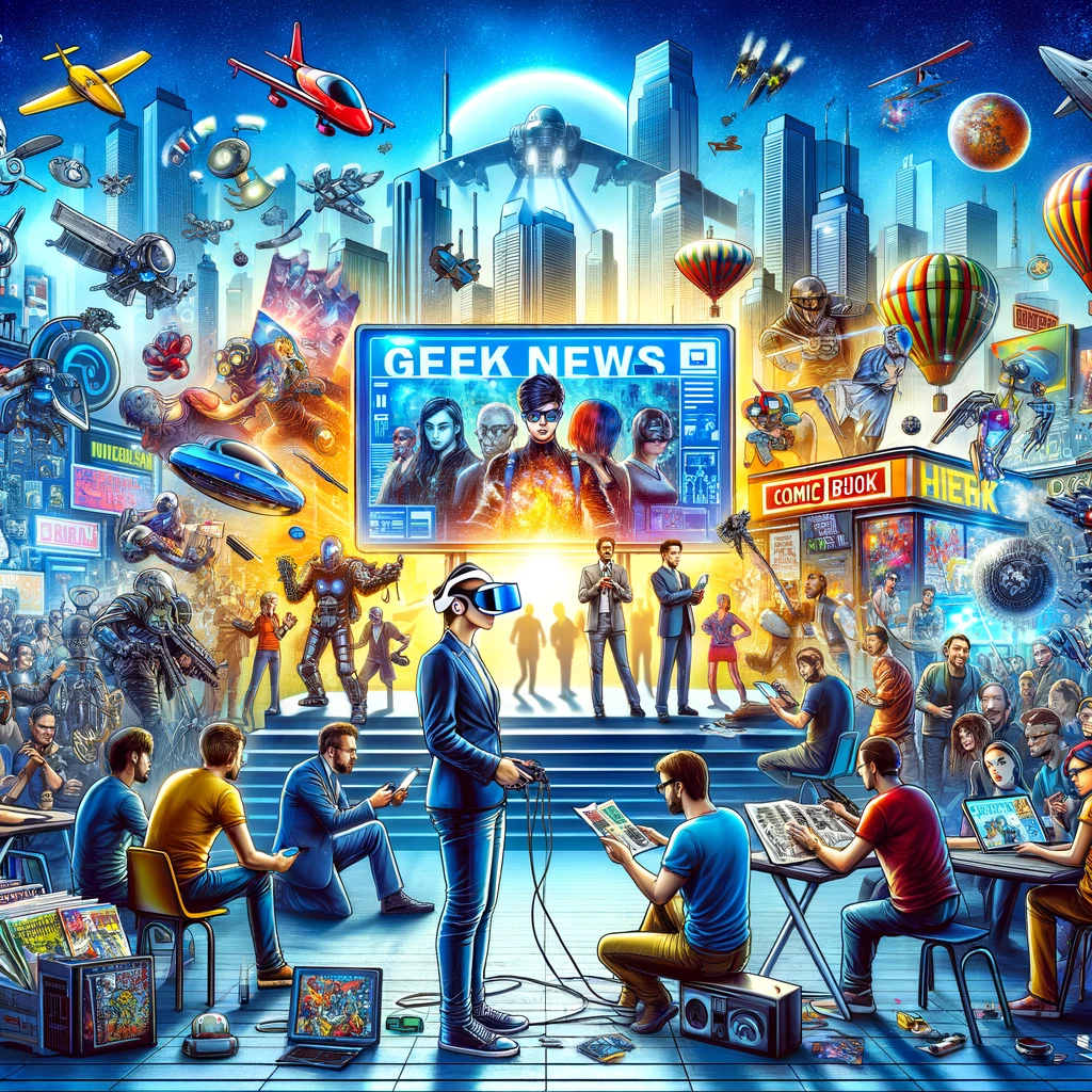 A vibrant and bustling scene of geek culture, featuring people using VR headsets, smartphones, and tablets, a large screen displaying a popular video game, and comic book enthusiasts discussing a new release, with a futuristic city skyline in the background.